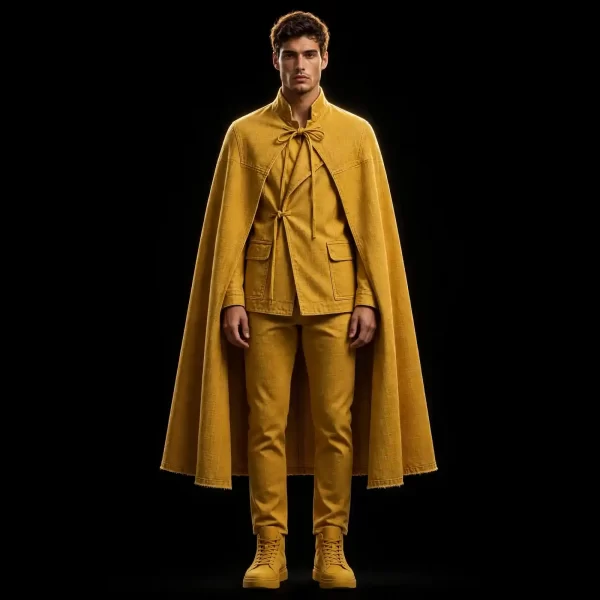 SOLARIS MUSTARD DENIM CAPE SUIT - 3-Piece Cape + Blazer + Pants - Buy Luxury mustard yellow Designer Denim Menswear Online