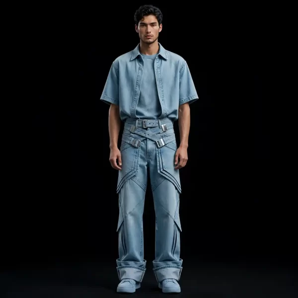 AZURE HARNESS DENIM CO-ORD - Deconstructed Belt Pants Set - Buy Luxury light wash blue Designer Denim Menswear Online