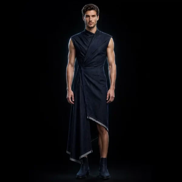 NOIR WRAP DRAPE DENIM GOWN - Asymmetric Menswear Dress - Buy Luxury raw indigo black Designer Denim Menswear Online