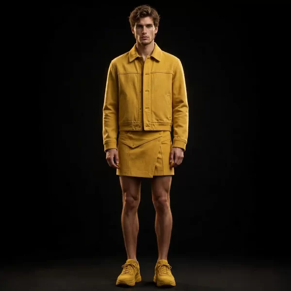 AMBER KILT DENIM SET - Trucker Jacket + Wrap Skirt Shorts - Buy Luxury mustard yellow Designer Denim Menswear Online