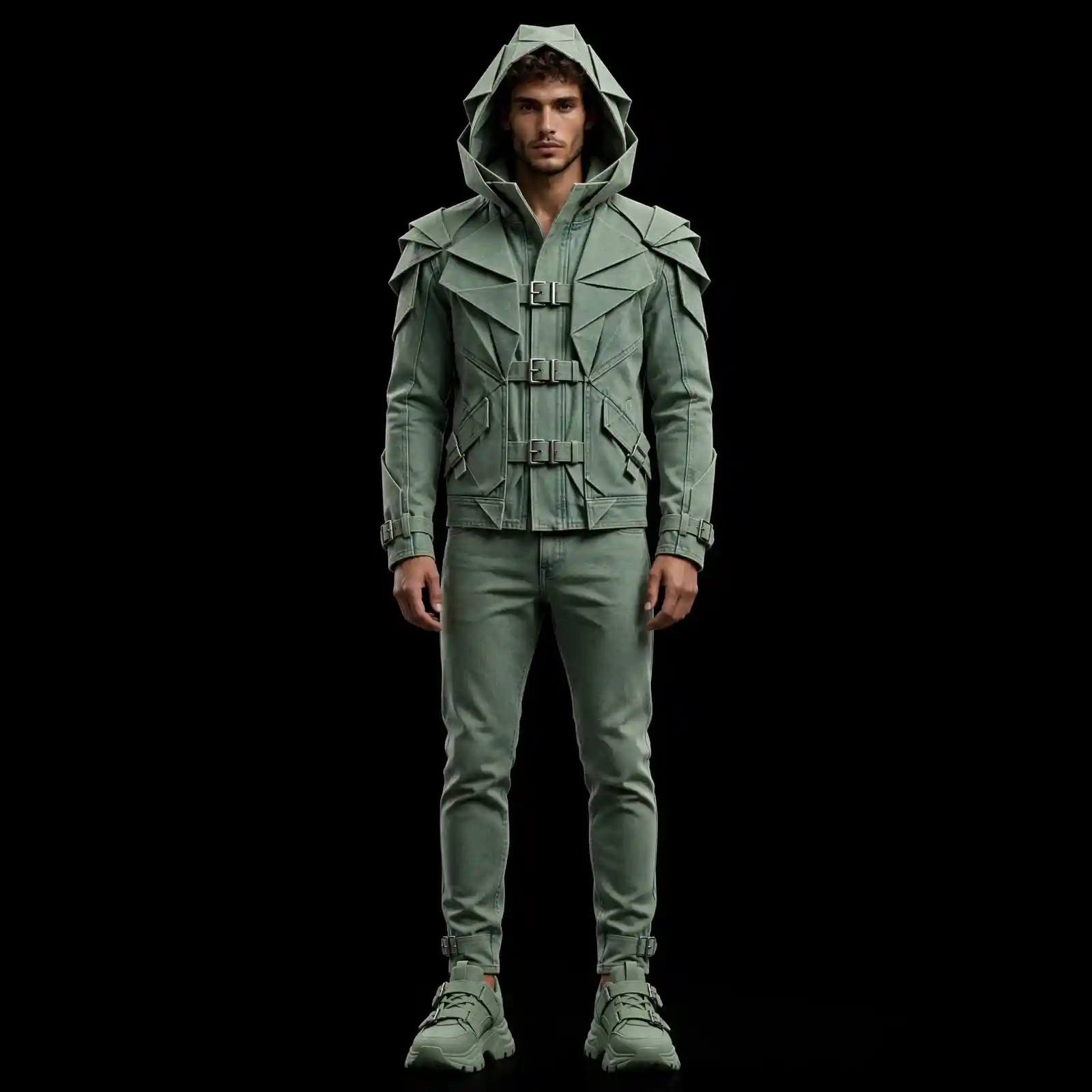 SAGE ORIGAMI HOODED ARMOR JACKET - Sculptural Denim Co-Ord - Buy Luxury sage green Designer Denim Menswear Online