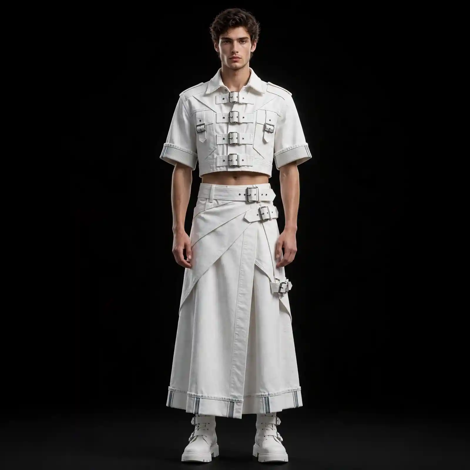 Men's White Buckle Denim Crop Jacket Wrap Pant Set