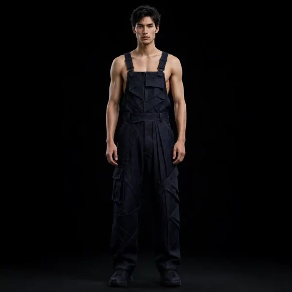 Men's Black Denim Cargo Overalls Jumpsuit