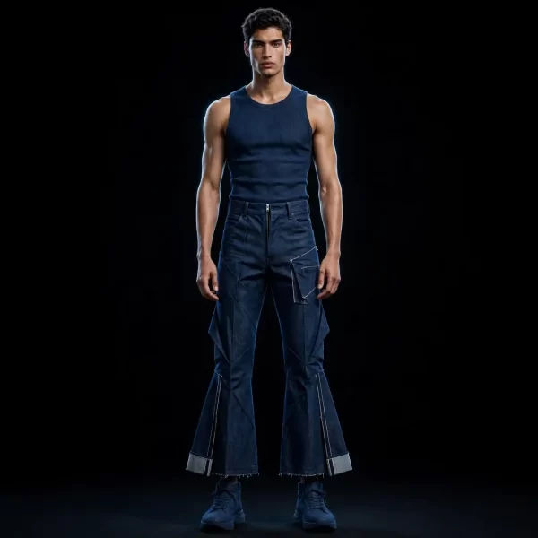 Men's Indigo Origami Flare Cargo Denim Pants