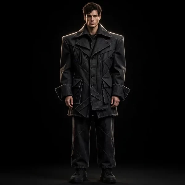Men's Black Origami Denim Trench Coat Set
