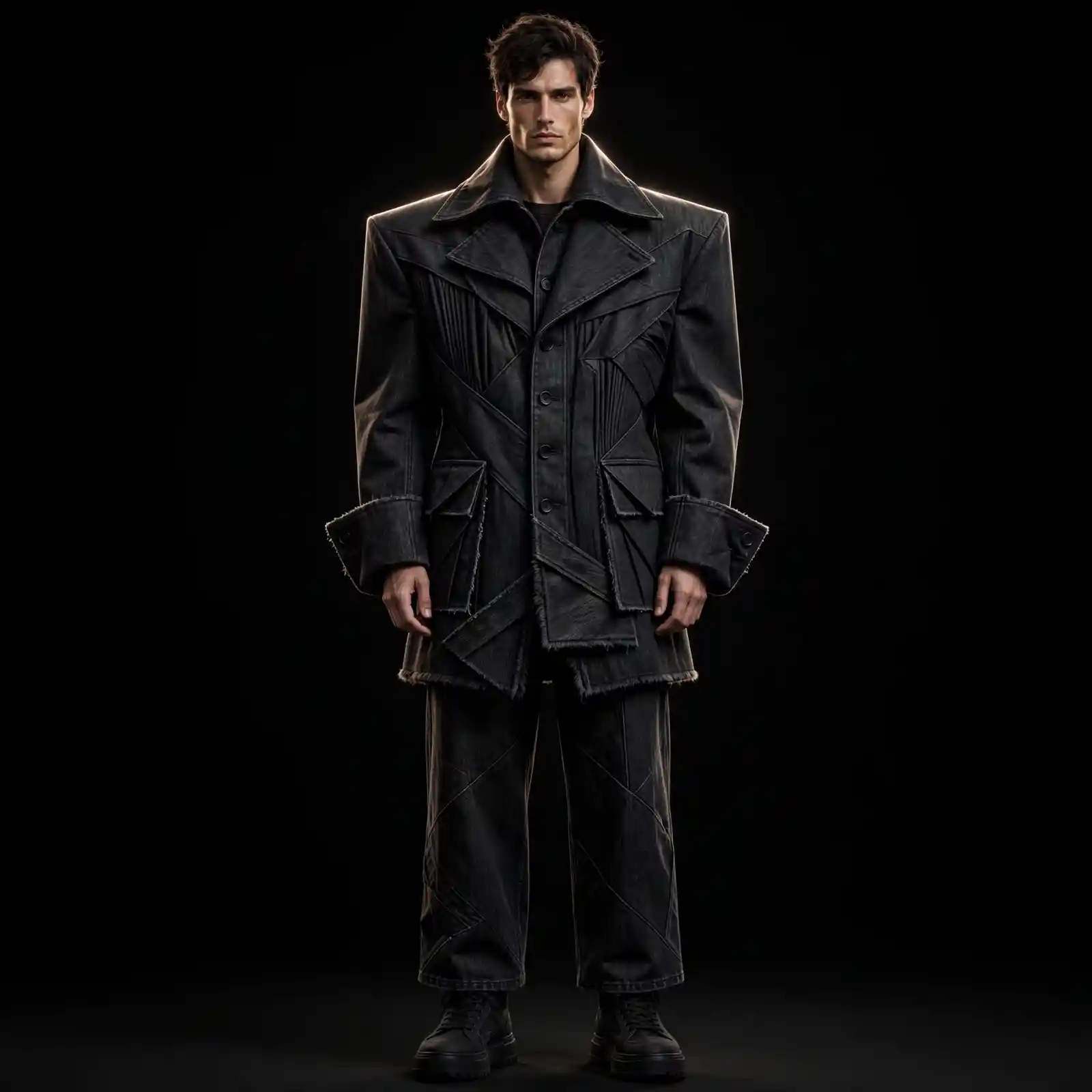 Men's Black Origami Denim Trench Coat Set