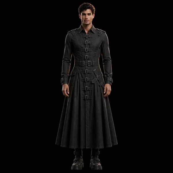 Men's Black Buckle Denim Trench Coat Dress Long