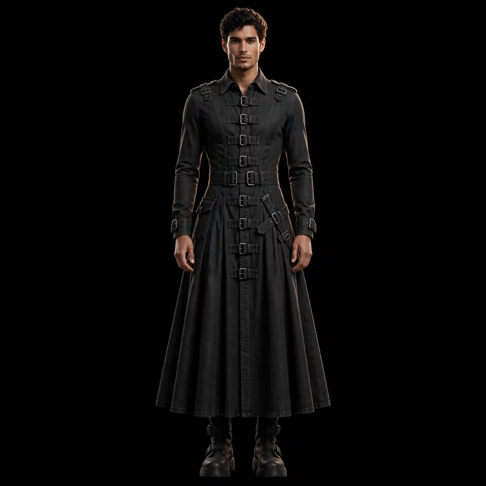 Men's Black Buckle Denim Trench Coat Dress Long