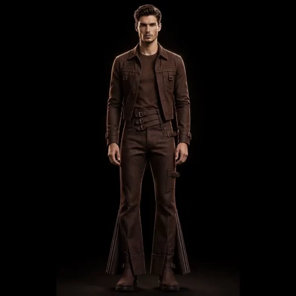 mens tobacco brown triple belt flared denim set cropped