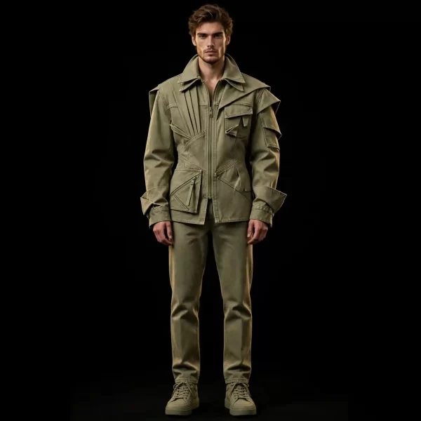 Men's Olive Green Denim Jacket Pants Set