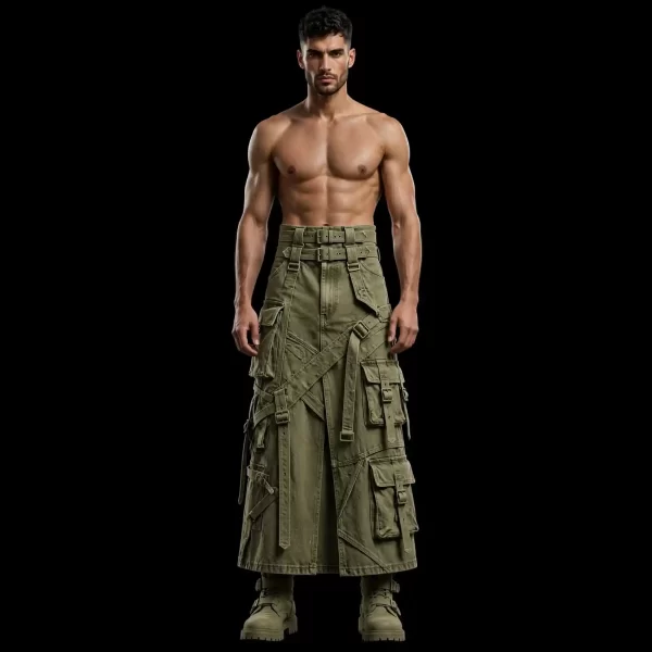 mens sky blue denim cargo kilt harness deconstructed set