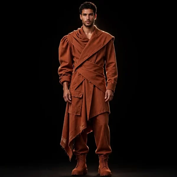 mens terracotta draped wrap gown denim asymmetric set