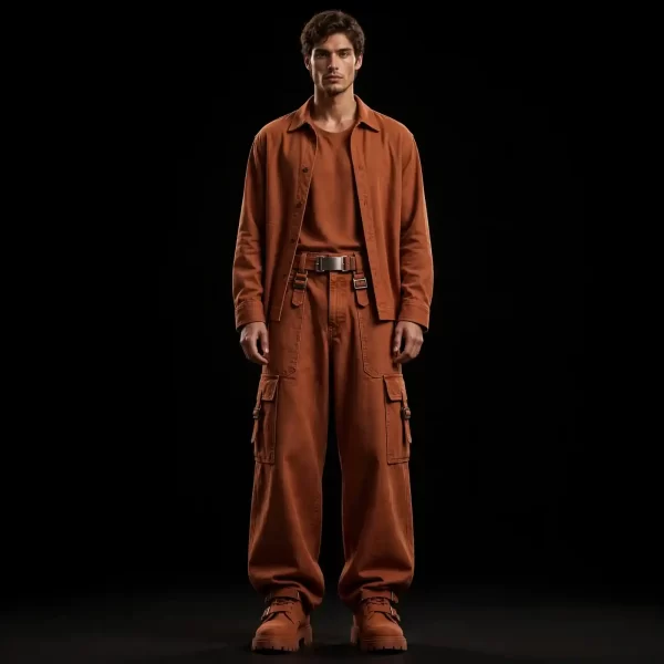 mens copper rust cargo denim co ord wide leg set