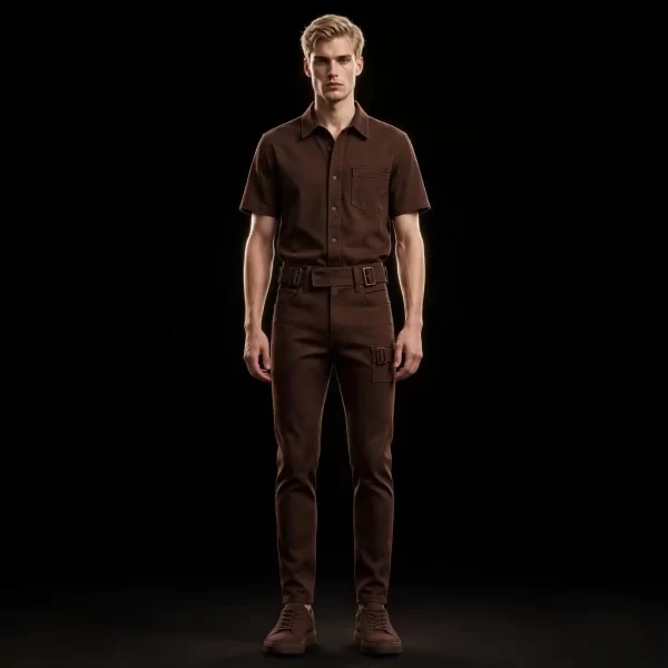 mens chocolate brown short sleeve denim shirt cargo set