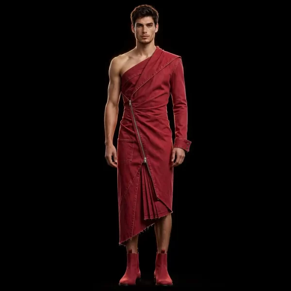 mens ox blood red toga denim dress one shoulder zipper gown