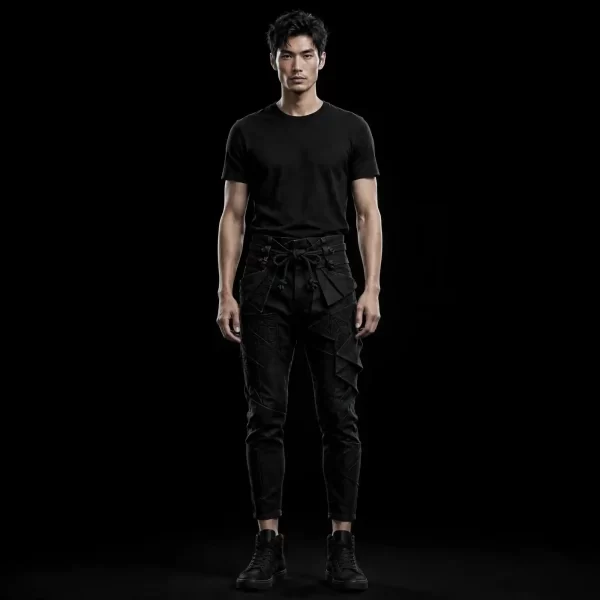 mens jet black origami samurai denim pants tactical cargo