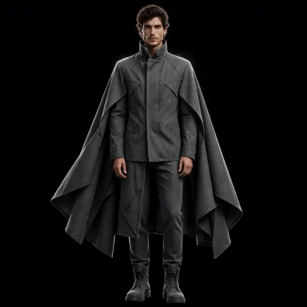 GRAPHITE CAPE ARMOR DENIM SET - Military Cape Jacket + Pants - Buy Luxury charcoal grey Designer Denim Menswear Online