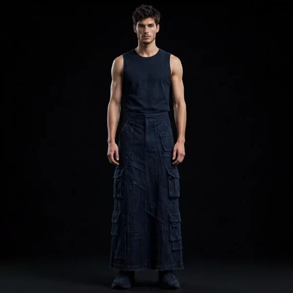 MIDNIGHT CARGO KILT DENIM - Deconstructed Pocket Long Skirt - Buy Luxury deep indigo Designer Denim Menswear Online