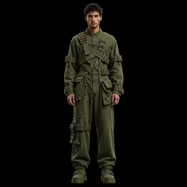 OLIVE BUCKLE HARNESS FLIGHT SUIT - Tactical Denim Jumpsuit - Buy Luxury military olive Designer Denim Menswear Online