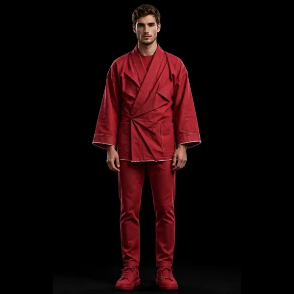 CRIMSON ORIGAMI KIMONO DENIM SET - Wrap Jacket + Slim Pants - Buy Luxury ruby red Designer Denim Menswear Online