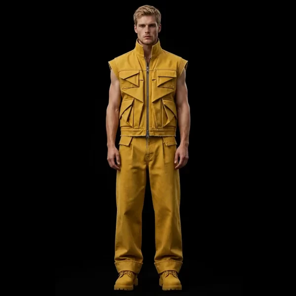 MUSTARD ORIGAMI VEST CO-ORD - Armored Zip Vest + Pleated Pants - Buy Luxury mustard gold Designer Denim Menswear Online