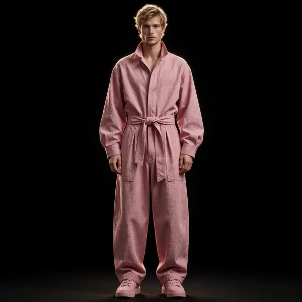 BLUSH TEXTURED BELT JUMPSUIT - Monogram Jacquard Denim Boilersuit - Buy Luxury dusty pink Designer Denim Menswear Online