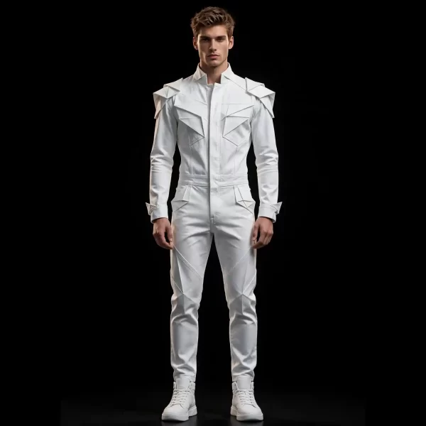 ICE WHITE ORIGAMI ARMOR JUMPSUIT - Sculpted Flight Suit - Buy Luxury optic white Designer Denim Menswear Online