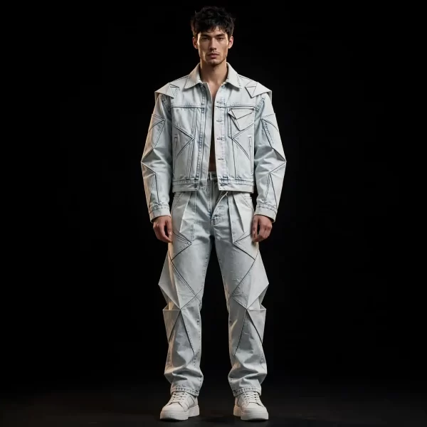 FROST ORIGAMI TRUCKER SET - 3D Diamond Denim Jacket + Pants - Buy Luxury bleached ice blue Designer Denim Menswear Online