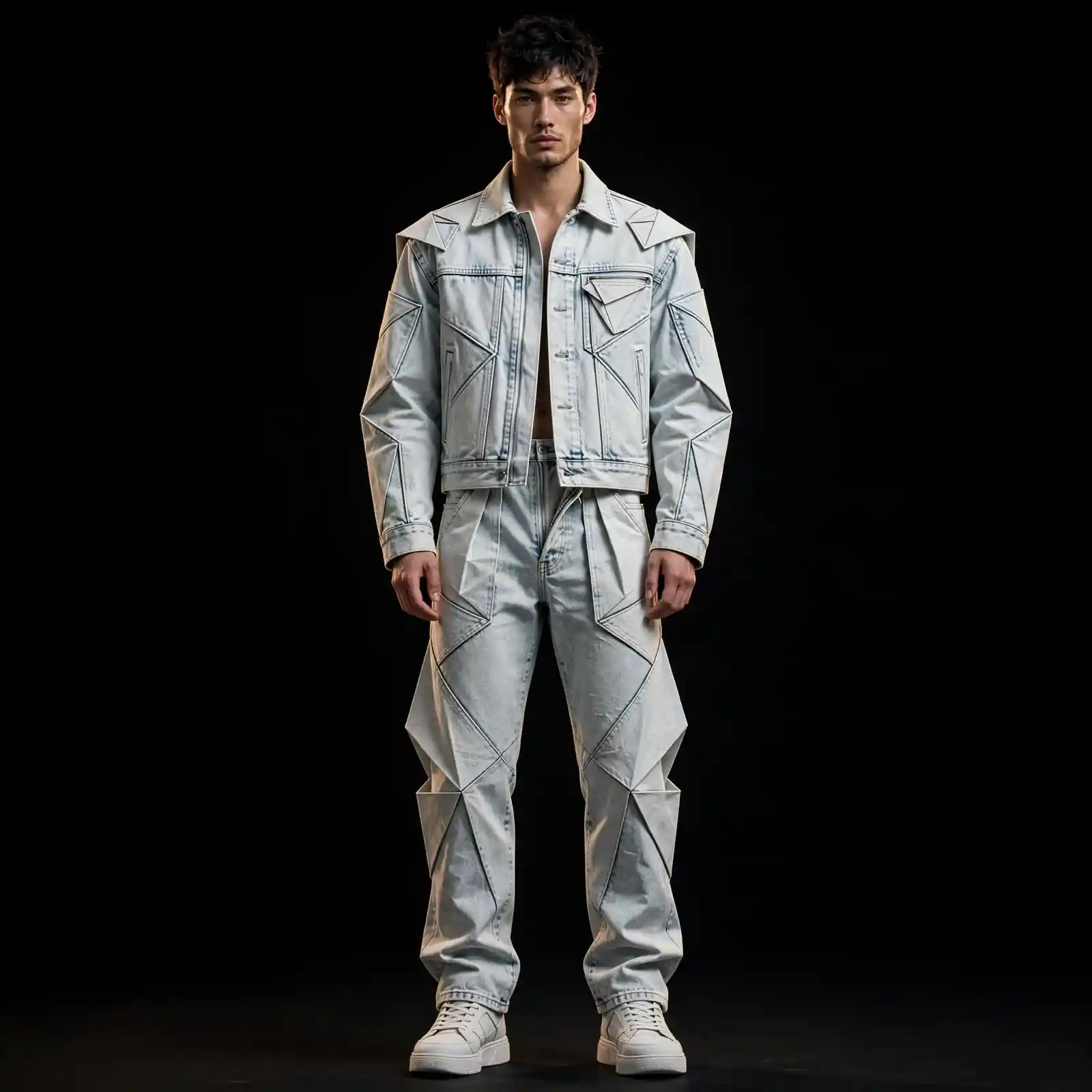FROST ORIGAMI TRUCKER SET - 3D Diamond Denim Jacket + Pants - Buy Luxury bleached ice blue Designer Denim Menswear Online
