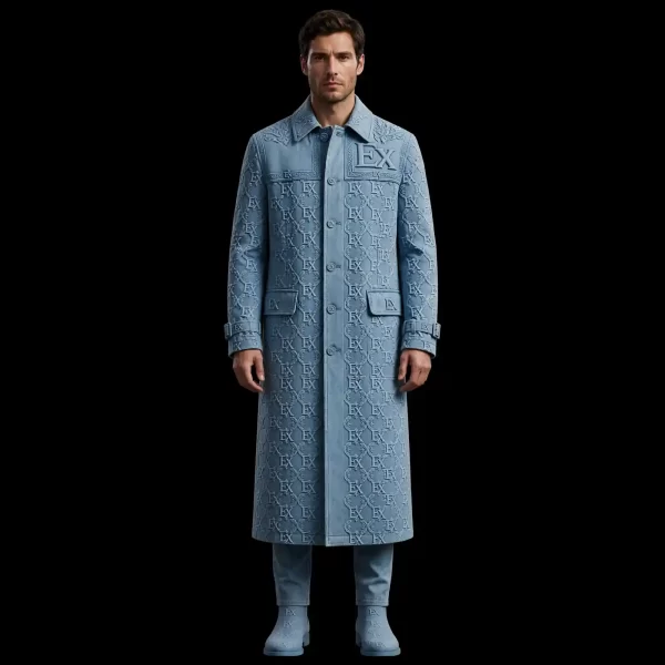SKY MONOGRAM EMBOSSED TRENCH - Full Length Denim Trench Coat - Buy Luxury sky blue Designer Denim Menswear Online