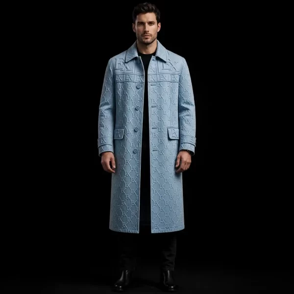 SKY MONOGRAM EMBOSSED TRENCH OPEN - Luxury Logo Denim Overcoat - Buy Luxury sky blue Designer Denim Menswear Online
