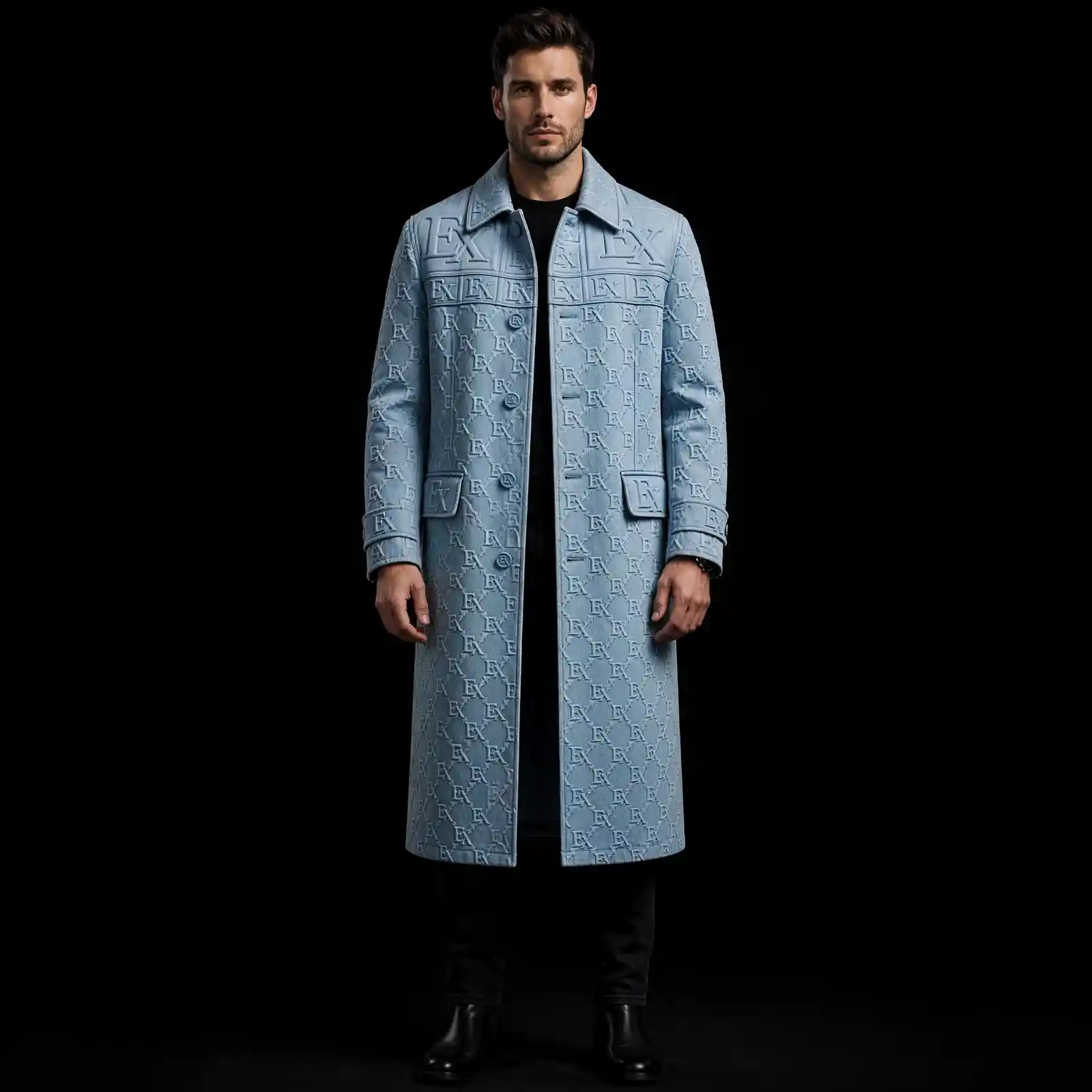 SKY MONOGRAM EMBOSSED TRENCH OPEN - Luxury Logo Denim Overcoat - Buy Luxury sky blue Designer Denim Menswear Online