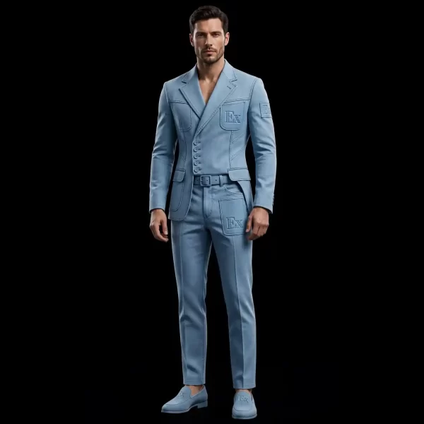 Men's Ice Blue Denim Tuxedo Suit Belted