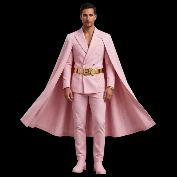 Men's Pink Gold Belt Cape Denim Suit