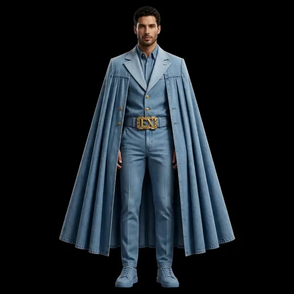 Men's Blue Denim Cape Overcoat Suit Set