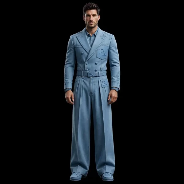 Men's Blue Wide Leg Denim Suit Palazzo
