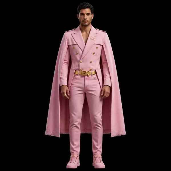 Men's Pink Military Cape Denim Suit Fringe