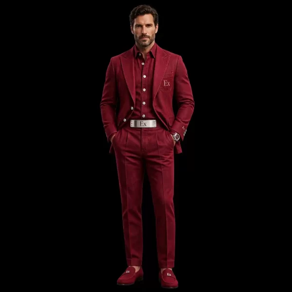 mens bordeaux burgundy denim tuxedo metal belt suit ex