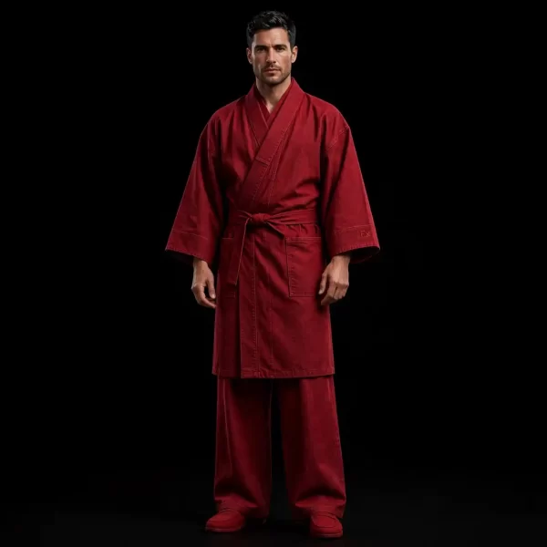 mens crimson red kimono denim robe set wrap pants