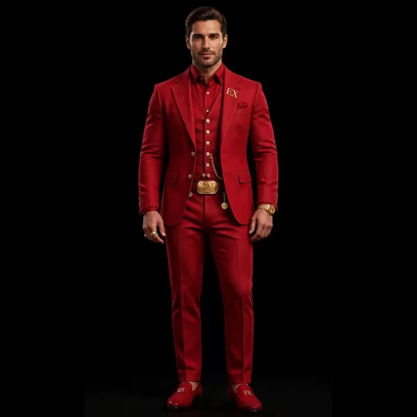 mens ruby red three piece denim suit gold buckle ex vest