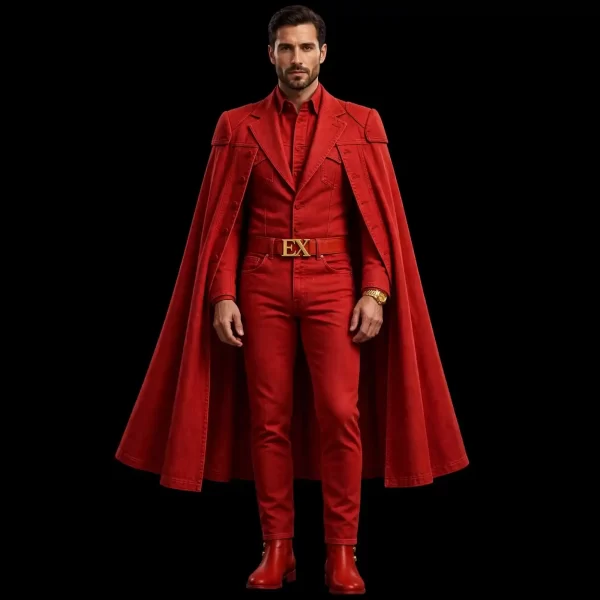 mens scarlet red cape blazer denim suit superhero tuxedo