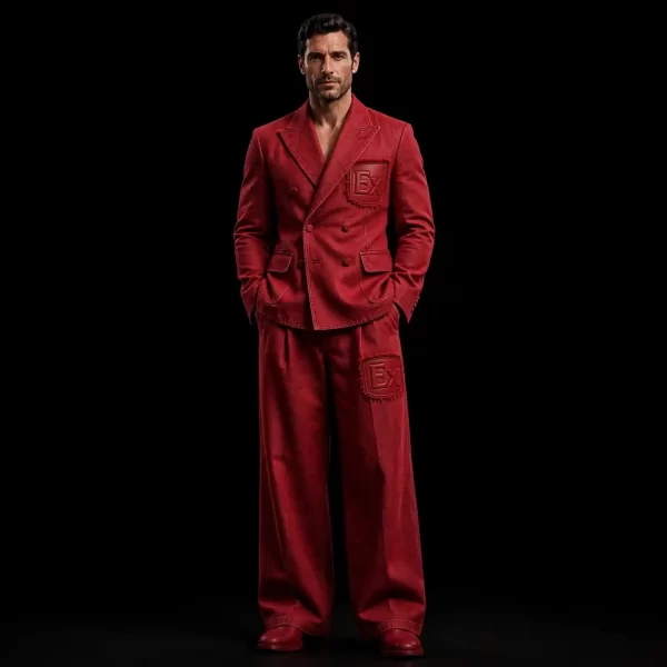 mens merlot red patch pocket denim blazer wide leg suit leather ex