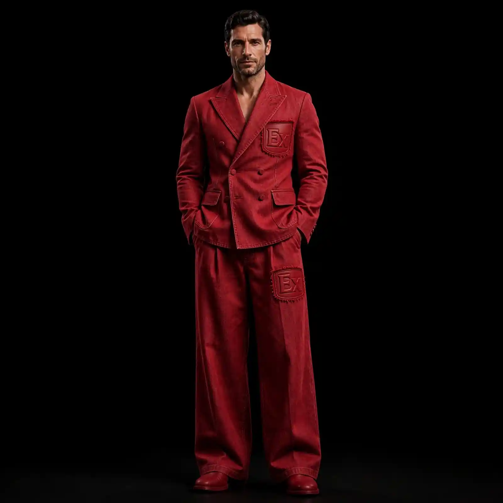 mens merlot red patch pocket denim blazer wide leg suit leather ex