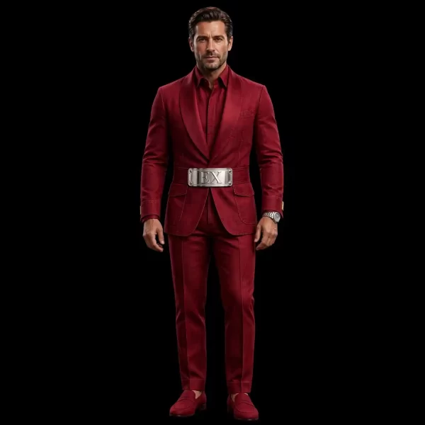 mens oxblood shawl lapel denim tuxedo plate belt ex