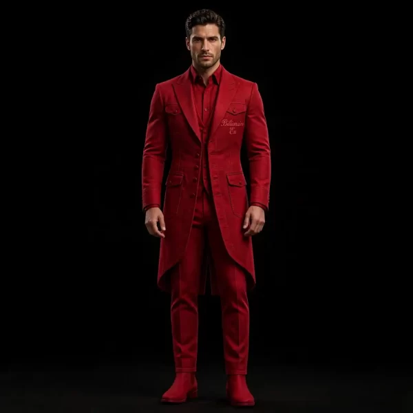 mens red denim tailcoat frock coat long billionaire ex suit