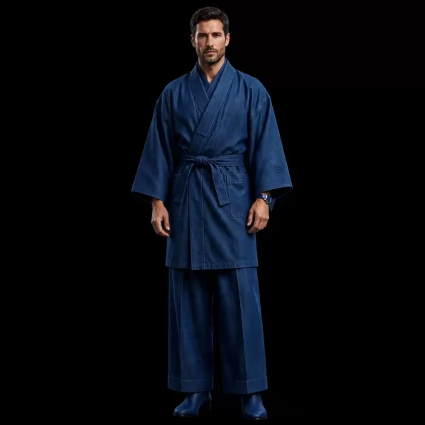 mens indigo blue kimono denim set wrap robe hakama