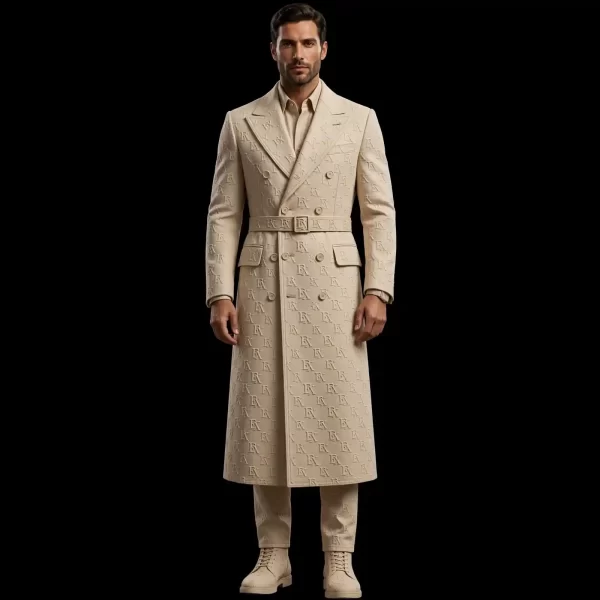 CREAM MONOGRAM BELTED TRENCH COAT - Full Logo Embossed 3-Piece Denim Suit - Buy cream beige Luxury Denim Suit Mens Online