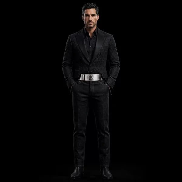 NOIR DIAMOND QUILTED TUXEDO SUIT - EX Plate Belt Blazer Set - Buy jet black Luxury Denim Suit Mens Online