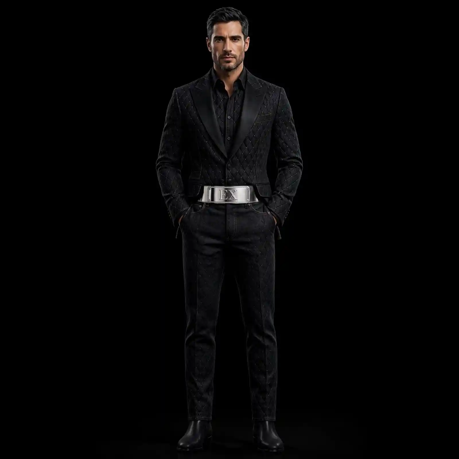 NOIR DIAMOND QUILTED TUXEDO SUIT - EX Plate Belt Blazer Set - Buy jet black Luxury Denim Suit Mens Online