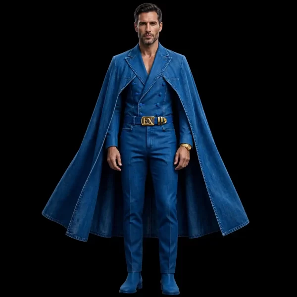 ROYAL BLUE CAPE TUXEDO SUIT - Double Breasted Cape Blazer + EX Gold Belt - Buy royal indigo blue Luxury Denim Suit Mens Online